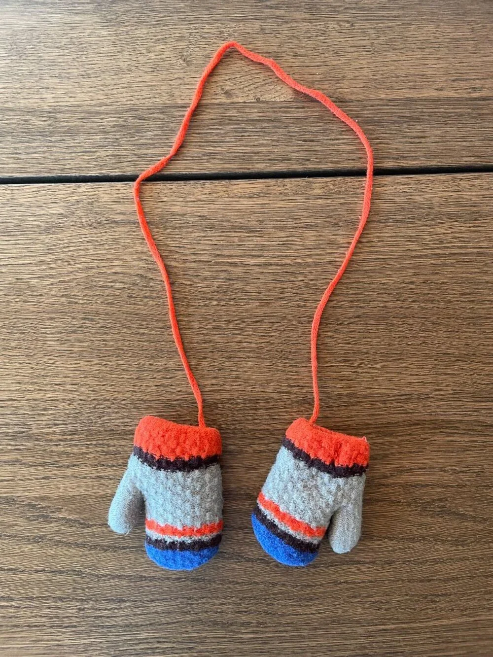 Kids Knit Winter Mittens on String Gray Orange Blue